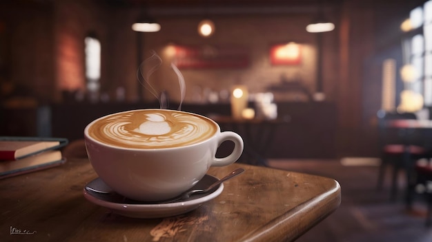 Cup of coffee latte on wood table in coffee shop cafe