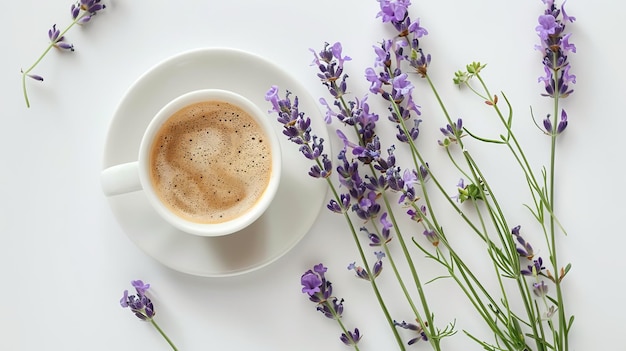 白いテーブルトップの景色のコーヒーとラベンダー花のカップ