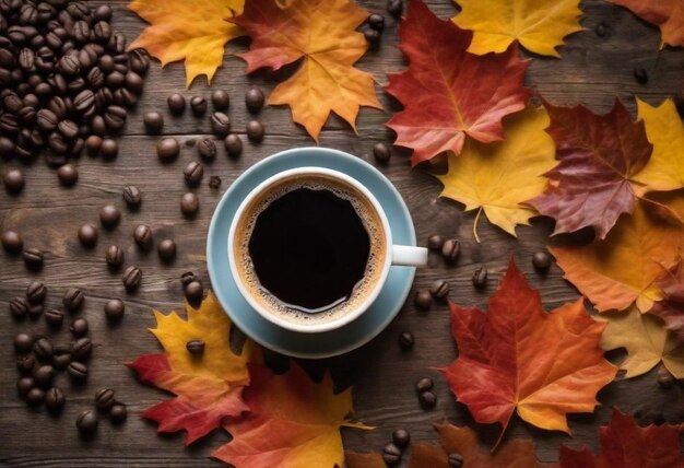 a cup of coffee and a leaf on a table