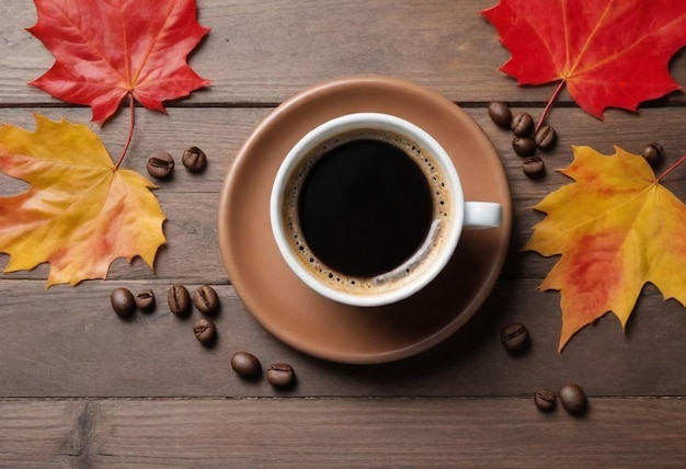 a cup of coffee and a leaf on a table