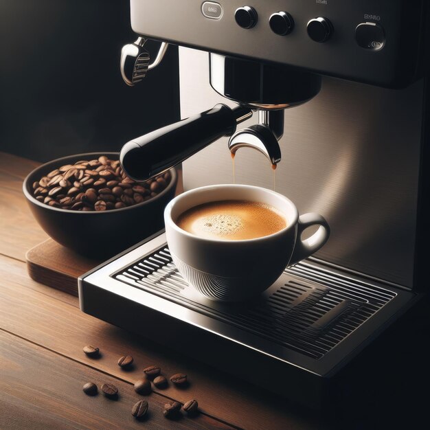 Photo cup of coffee and machine food background