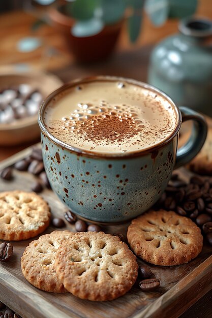 Photo a cup of coffee made by grinding coffee beans is placed on the workbench coffee shop