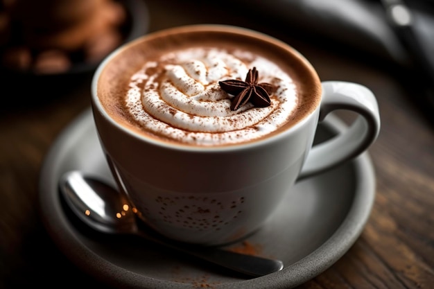 a cup of coffee milk with a sprinkling of chocolate powder in the shape of a heart on the table