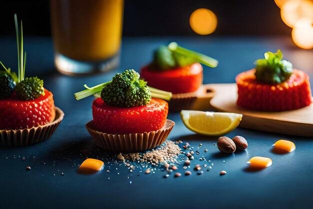 Photo a cup of coffee and a muffin on a tray with broccoli and coffee beans.