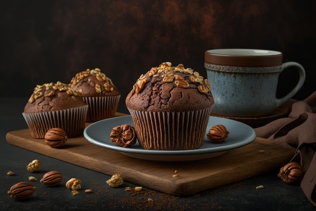 A cup of coffee and muffins with walnuts on a plate