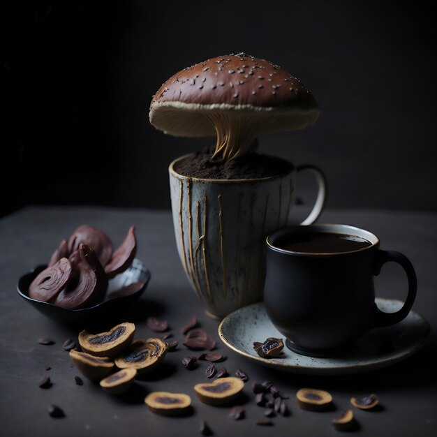 A cup of coffee and a mushroom with chocolate chips on it