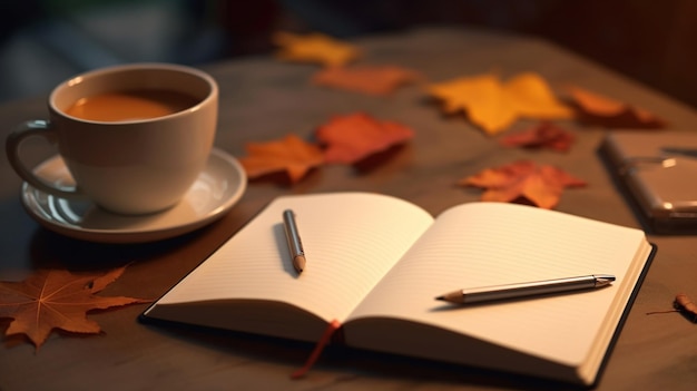 Cup of coffee and note book with autumn leaves on wooden tablegenerative ai