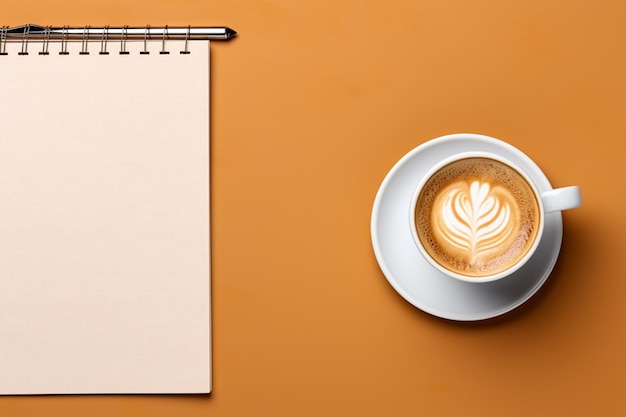 Photo cup of coffee and notebook laptop coffee cup and leafs on beige background generative ai