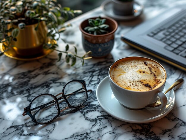 Photo cup of coffee and notebook