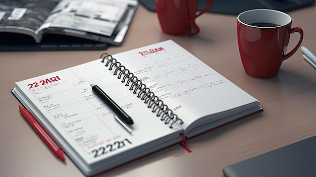 Photo cup of coffee and notepad with pen composition top view