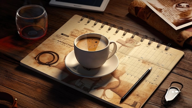 Foto tazza di caffè e blocco note con penna composizione vista dall'alto