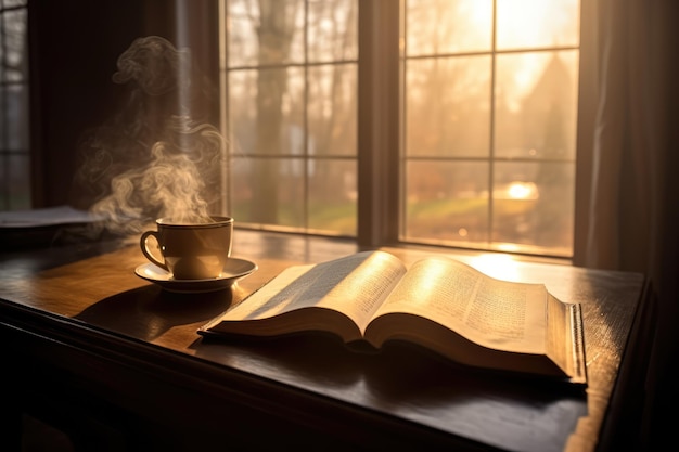 Foto una tazza di caffè e un libro aperto