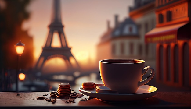 Photo cup of coffee in paris cafe with eiffel tour in background