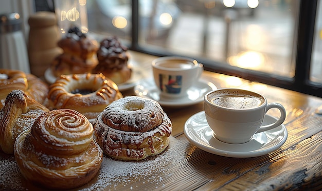 a cup of coffee and pastries with a cup of coffee on a table