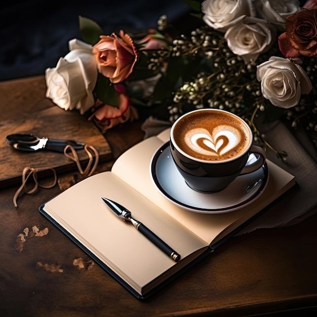 чашка кофе и ручка на книге с ручкой на ней