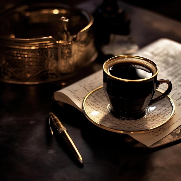 A cup of coffee next to a pen and paper