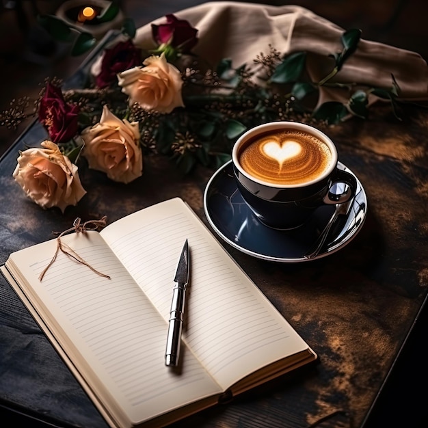 a cup of coffee and a pen on a table with a pen on it