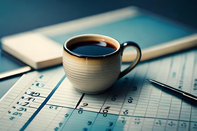 A cup of coffee and a pen on a table