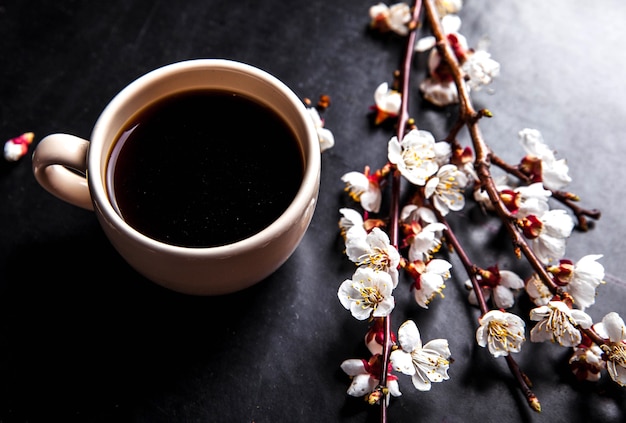 一杯のコーヒーとピンクの桜