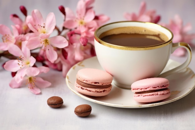 A cup of coffee and a pink cup of coffee with pink flowers