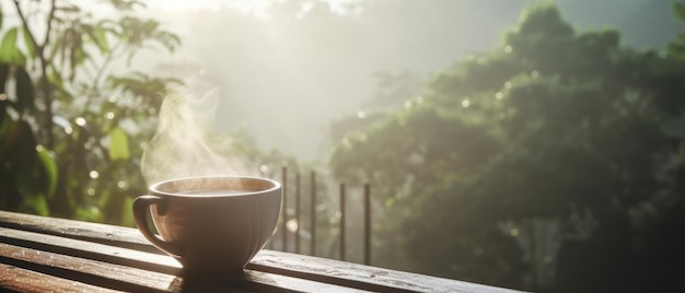 A cup of coffee placed on a wooden table with a view of the jungle Generative AI