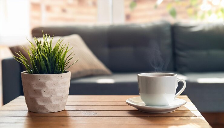 Photo a cup of coffee and a plant on a table