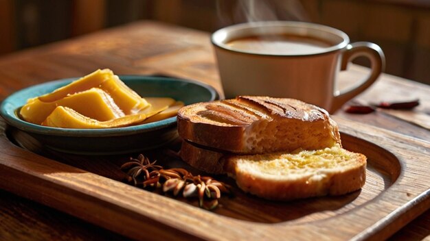 Photo a cup of coffee next to a plate of bread and a cup of coffee