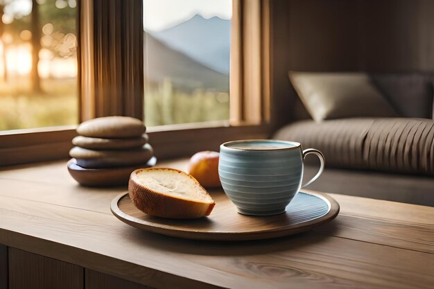 Foto una tazza di caffè e un piatto di pane su un tavolo