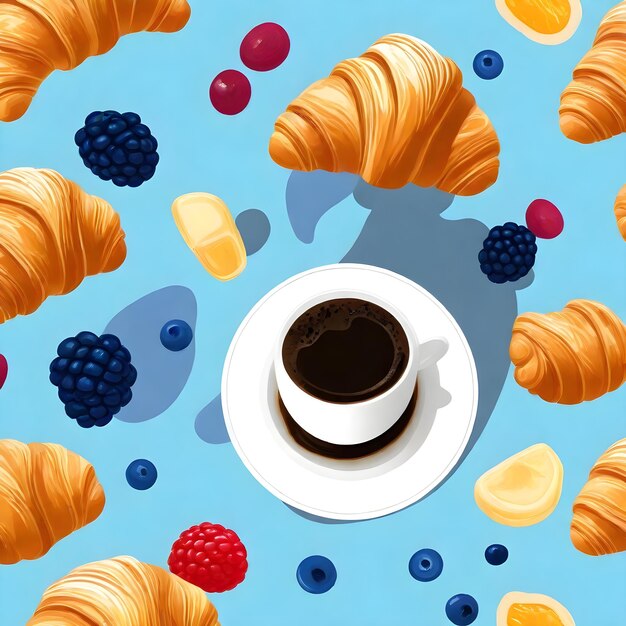 Photo a cup of coffee and a plate of croissants with berries on it