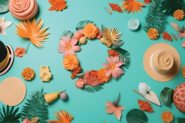 A cup of coffee and a plate of flowers on a green background.