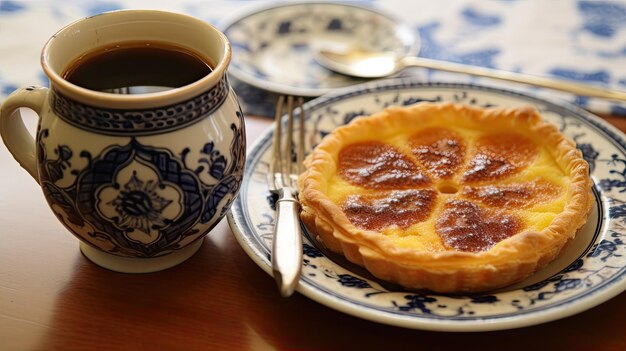 a cup of coffee next to a plate of food and a cup of coffee.