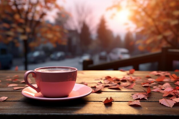 a cup of coffee and a plate of leaves on a table