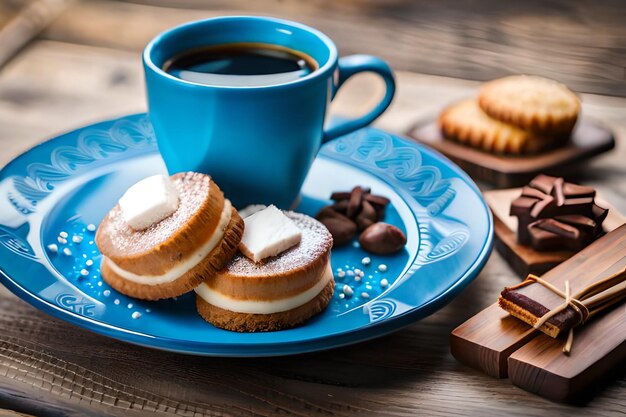 ケーキの皿の隣にコーヒーを1杯飲む