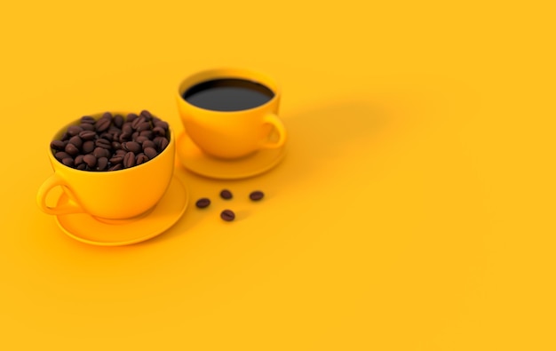 Cup of coffee and realistic coffee beans 3d rendering background Masses of coffee beans