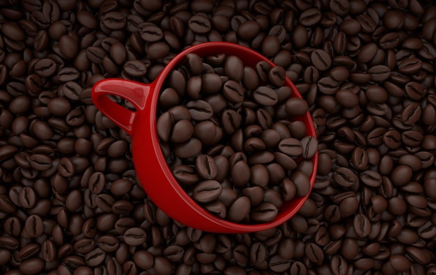 Cup of coffee and realistic coffee beans flat lay 3d rendering background Masses of coffee beans