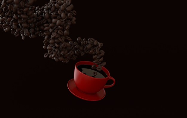 Photo cup of coffee and realistic coffee beans floating