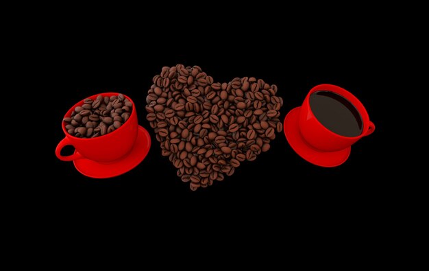 Cup of coffee and realistic coffee beans heart rendering