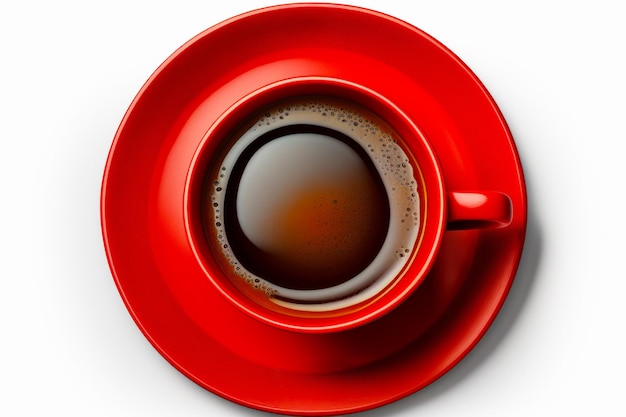 흰색 탁자 위의 빨간 접시에 놓인 커피 한 잔 Generative AI