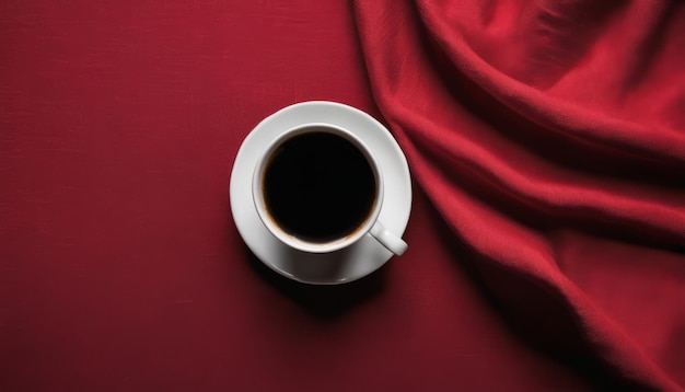 A cup of coffee on a red table cloth