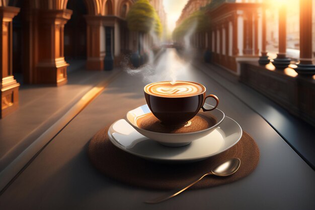 Чашка кофе рядом с обжаренными бобами в чудесном месте с прикосновением фантазии Generative AI_10