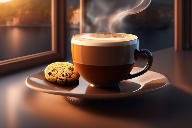 Чашка кофе рядом с обжаренными бобами в чудесном месте с прикосновением фантазии Generative AI_12
