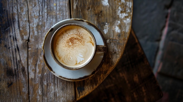 A cup of coffee on the rustic wooden table Top view Generative AI