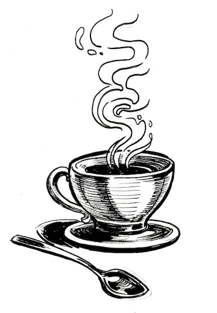 Cup of coffee on a saucer. Ink black and white drawing