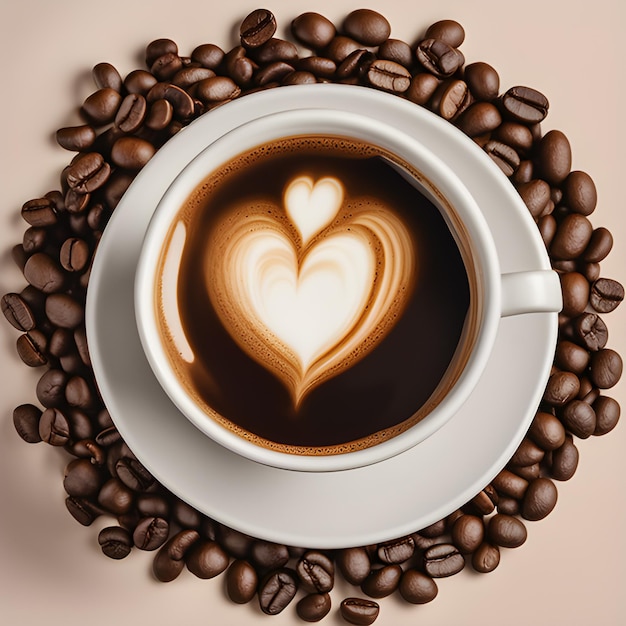 A Cup Of Coffee On A Saucer Surrounded By Coffee Beans