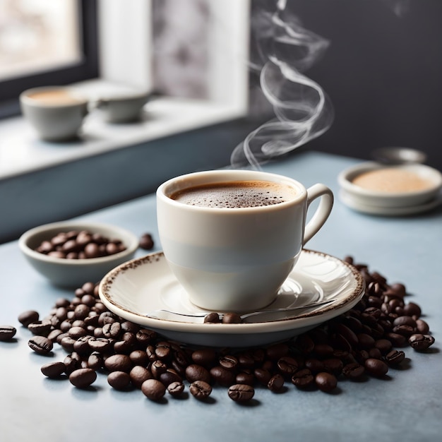 A Cup Of Coffee On A Saucer Surrounded By Coffee Beans