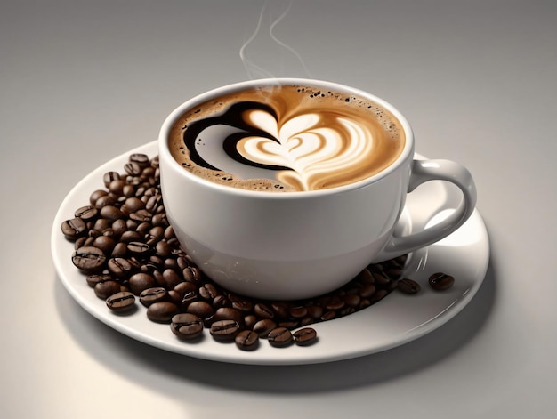 커피 콩으로 둘러싸인 접시에 커피 한 잔