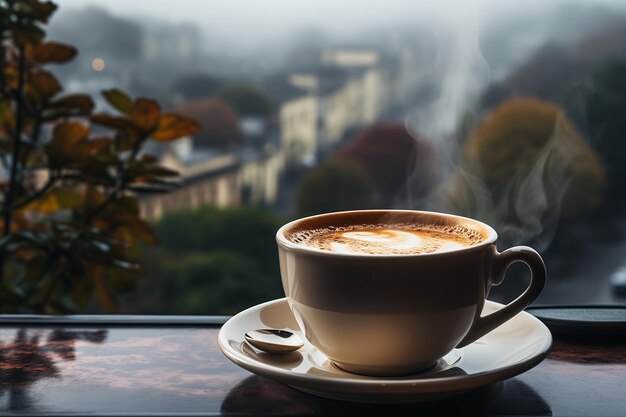 cup coffee saucer table window city background fog volume round cropped view high sleepy feeling