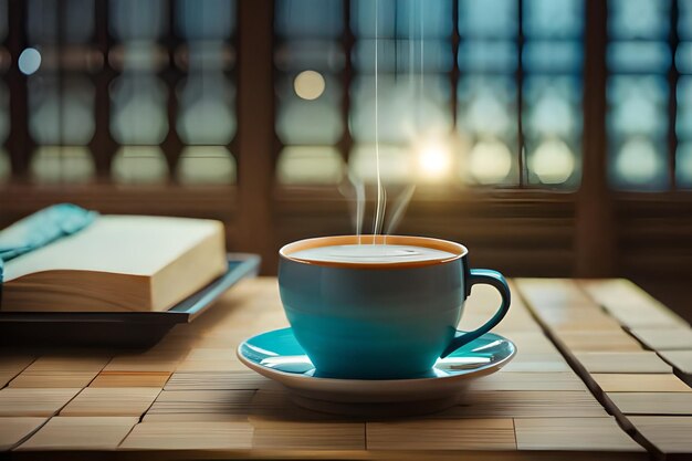 a cup of coffee on a saucer with a book on the table.