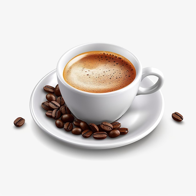 コーヒー豆の入った受け皿に置かれた一杯のコーヒー AI 生成画像
