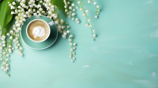 A cup of coffee on a saucer with lily of the valley flowers